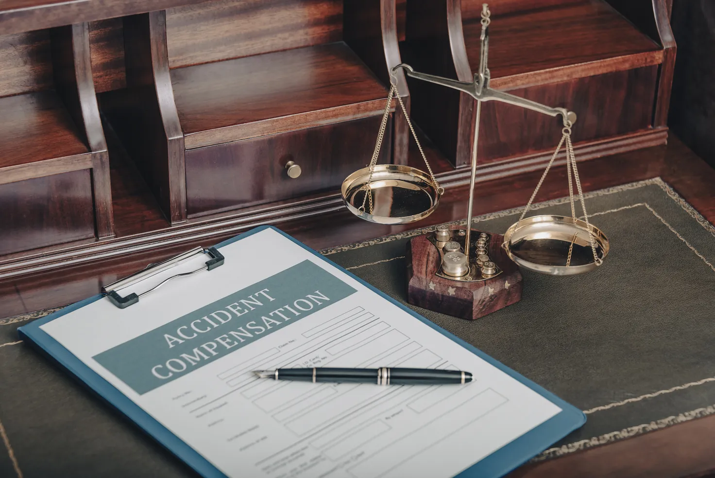 Escritorio con balanza de justicia y contrato, símbolo de la fianza de fidelidad
